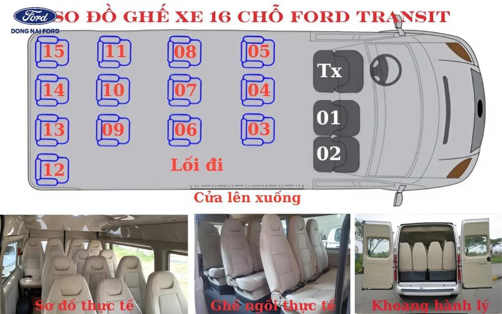 Minh họa tổng quan về sơ đồ ghế ngồi xe 16 chỗ